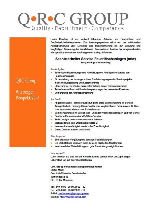 Sachbearbeiter Service Feuerlschanlagen (m/w)