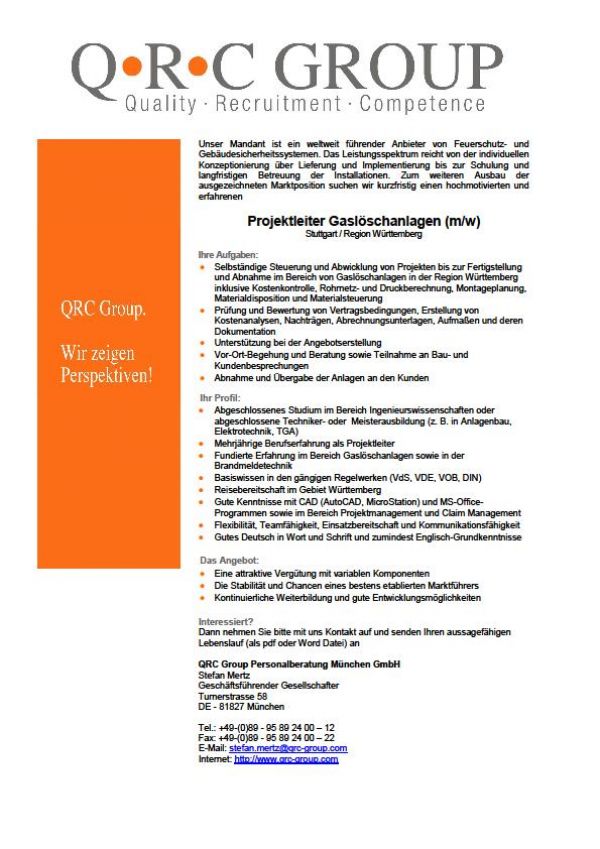 Projektleiter Gaslschanlagen (m/w)